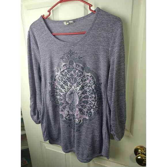 Est. 1946 Woman M Purple Peacock 3/4 Sleeve Pullover Tee Curved Hem - Picture 2 of 9